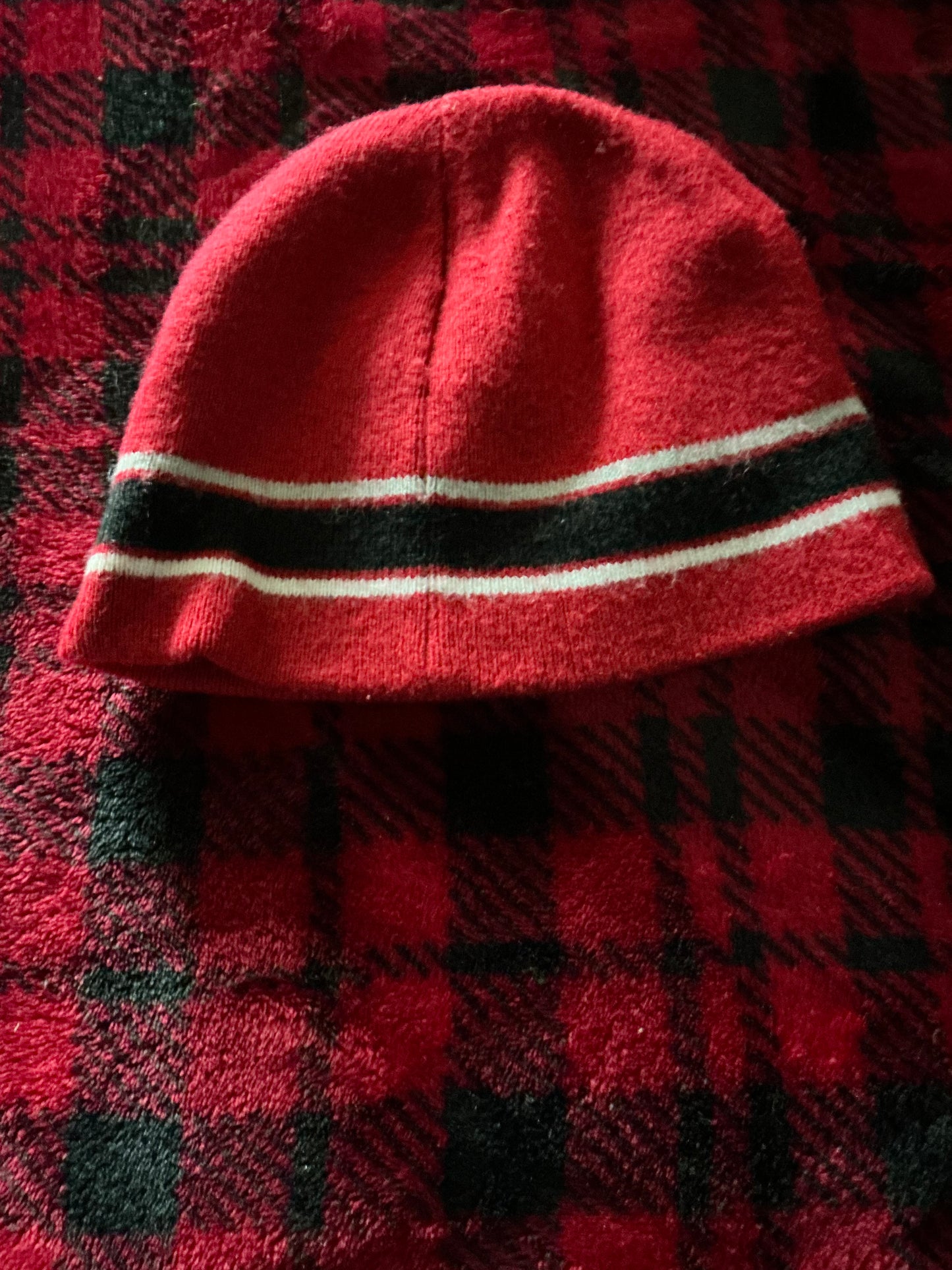 Children’s Red Beanie with Black and white stripes